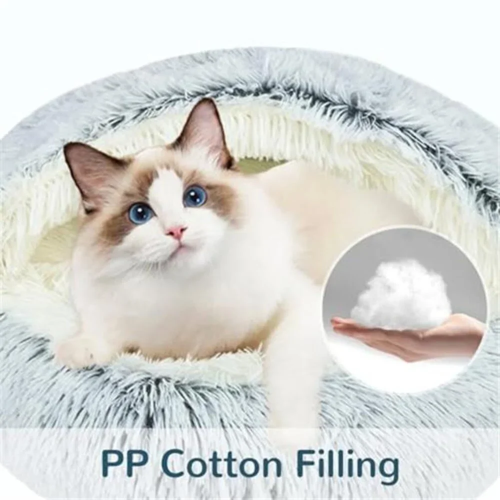 Calming Cat Bed Plush Cat Cave Anti Anxiety Pet Bed Round Cat Nest Small Dog Bed